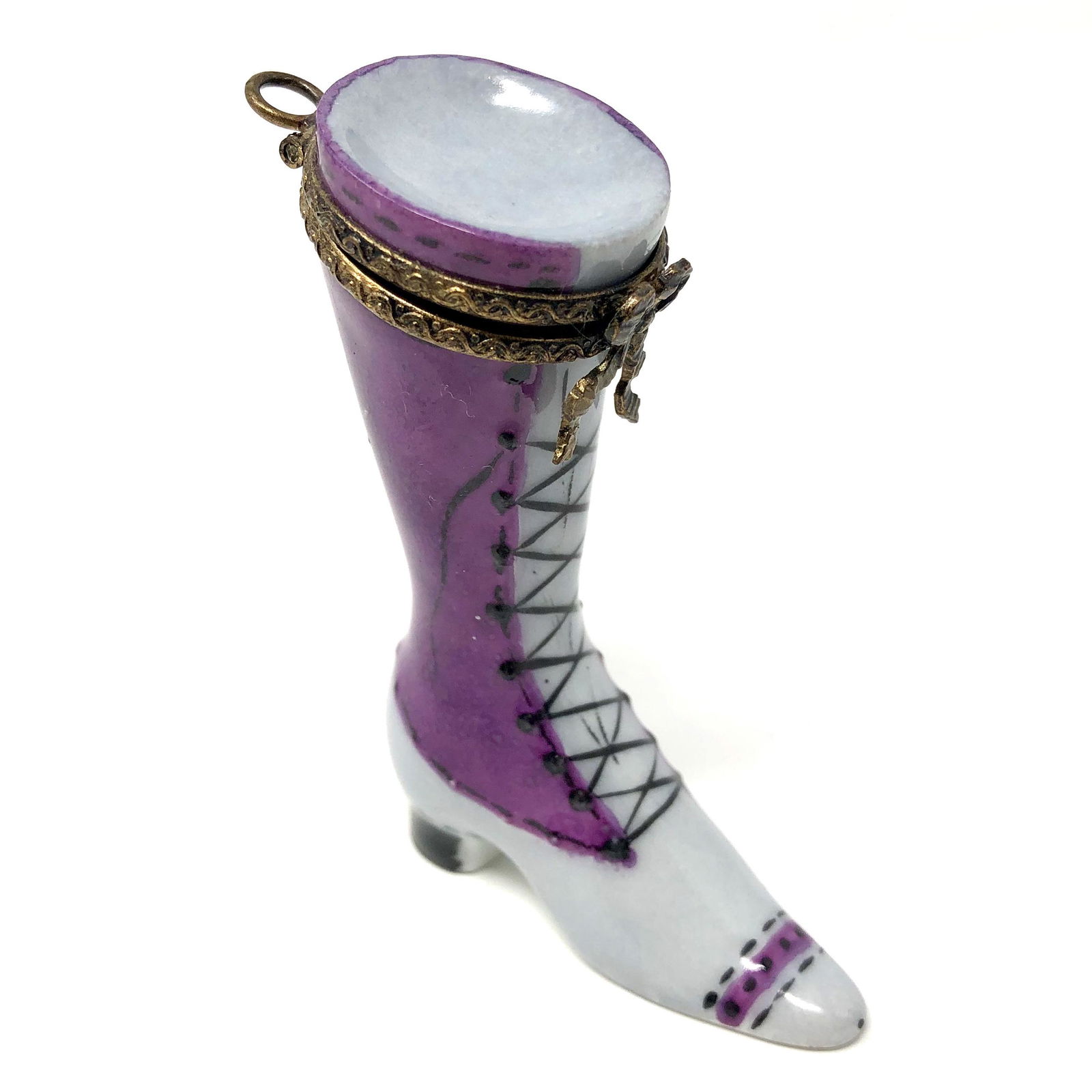 Laced Boot Peint Main Limoges France Porcelain Trinket: Laced Boot Peint Main Limoges France Porcelain Trinket Box. Hand painted, signed and or marked. Approx. 3-inches Tall by 2-inches In Dimension. In beautiful as-is, as-shown collector condition. Please