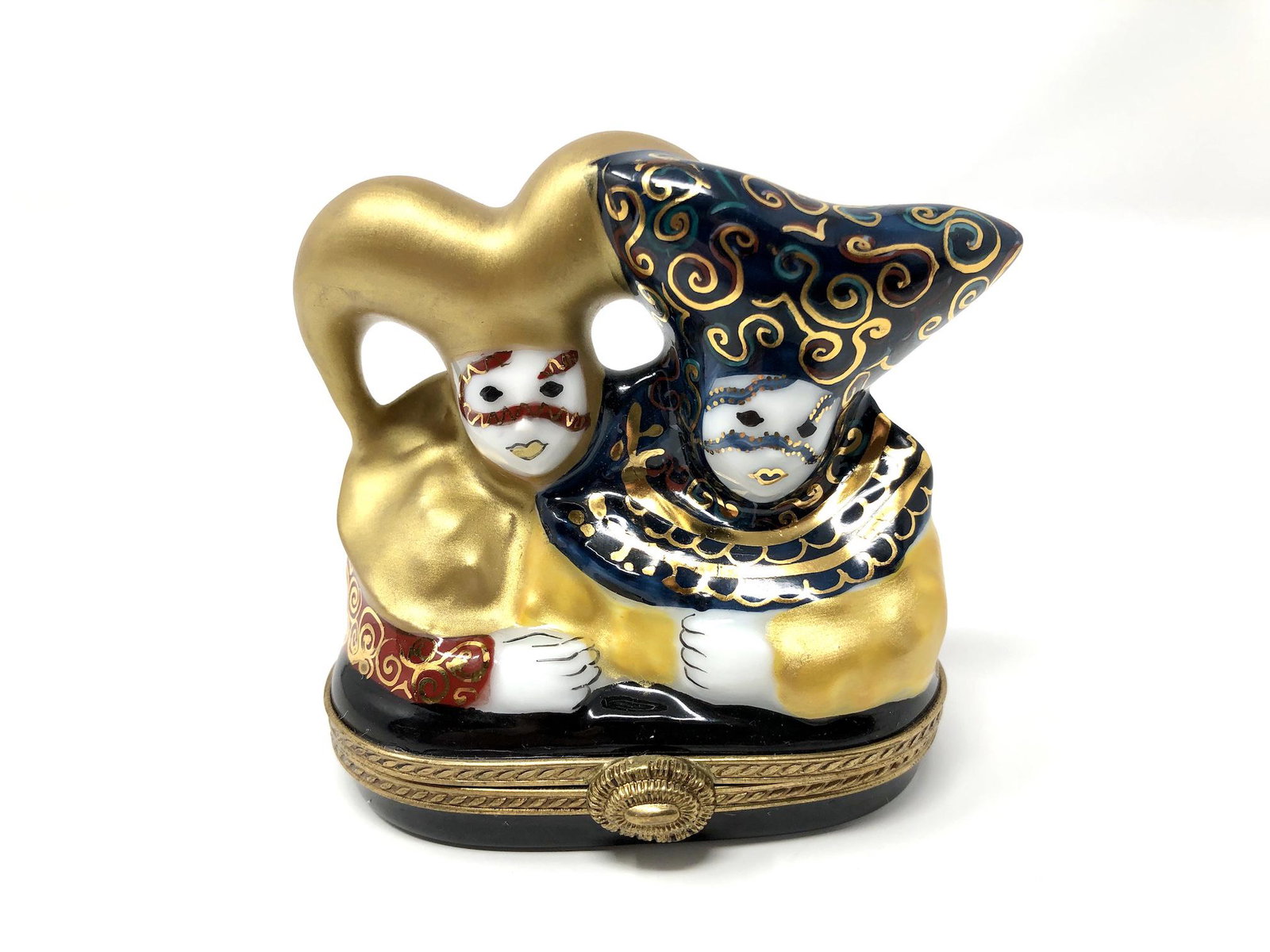 Venice Harlequin Court Jester Carnival Rochard: Venice Carnival Harlequin Court Jester Carnival Rochard Peint Main Limoges France Porcelain Trinket Box. Hand painted, signed and or marked. With Sun Trinket. Approx. 3-inches Tall by 1 1/4 by 2 1/2 -