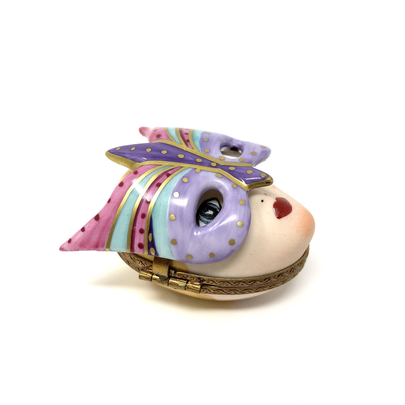 Masquerade Carnival Masked Rochard Porcelain Trinket: Masquerade Carnival Masked Rochard Peint Main Limoges France Porcelain Trinket Box. Hand painted, signed and or marked. Approx. 1 5/8-inches Tall by 1 3/8 by 2-inches In Dimension. In beautiful as-is,