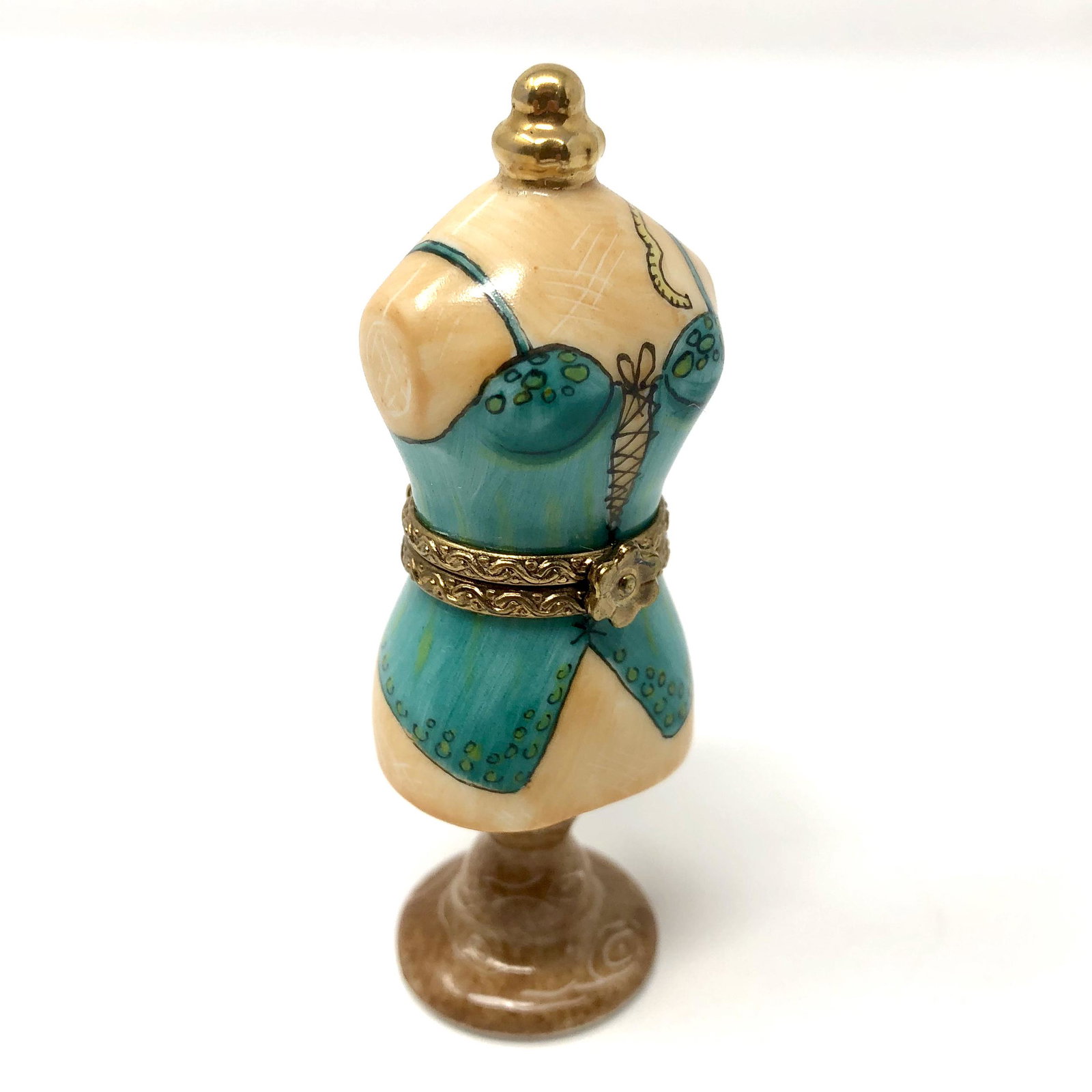 Corset Lingerie Dress Form Stand Rochard Trinket Box: Corset Lingerie Dress Form Stand Rochard Peint Main Limoges France Porcelain Trinket Box. Hand painted, signed and or marked. Approx. 3-inches Tall by 1-inches In Dimension. In beautiful as-is, as-sho