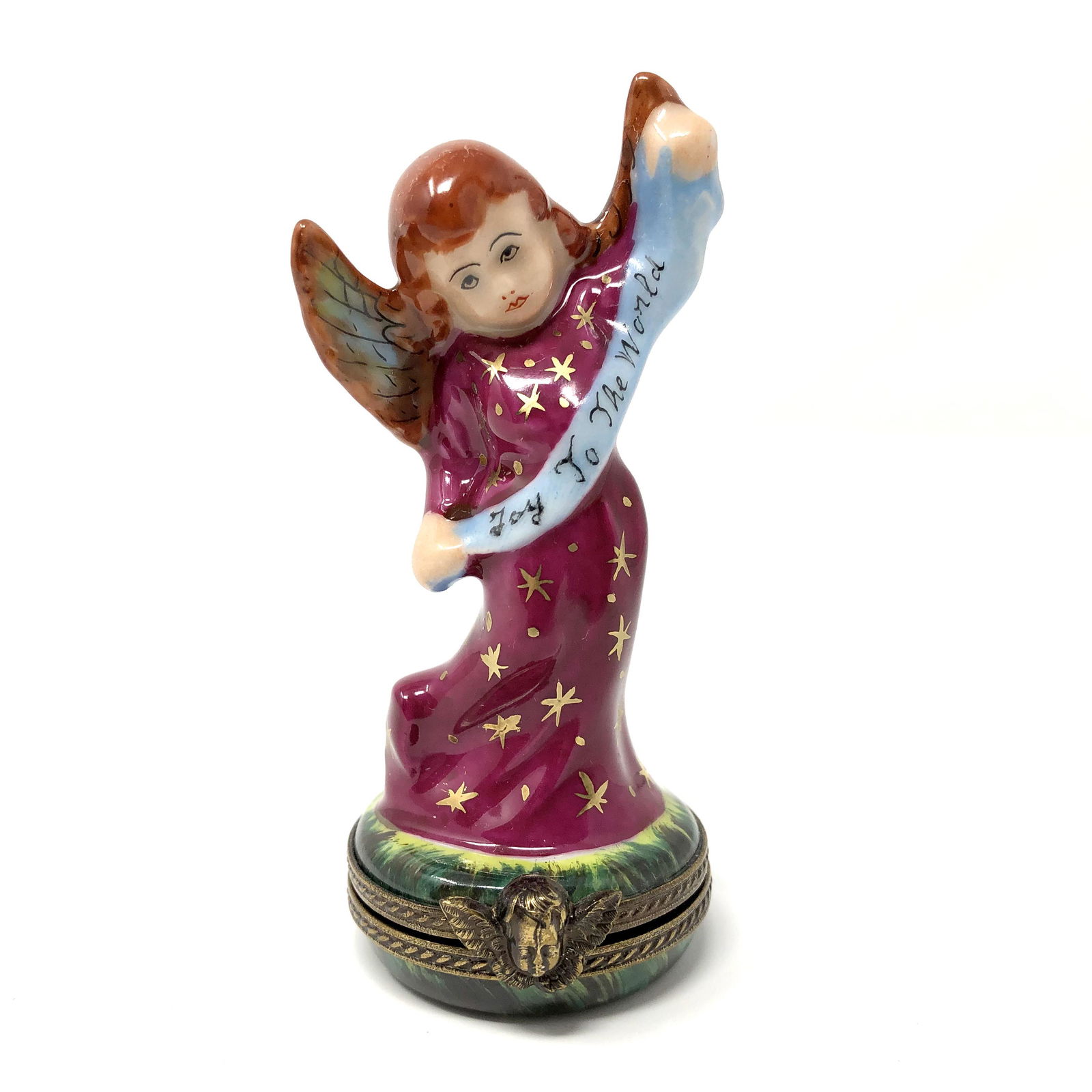 Joy to the World Angel Chamart Peint Main Trinket Box: Joy to the World Angel Chamart Peint Main Limoges France Porcelain Trinket Box. Hand painted, signed and or marked. Approx. 3 1/2 -inches Tall by 1 1/2 -inches In Diameter, Dimension at the base. In b