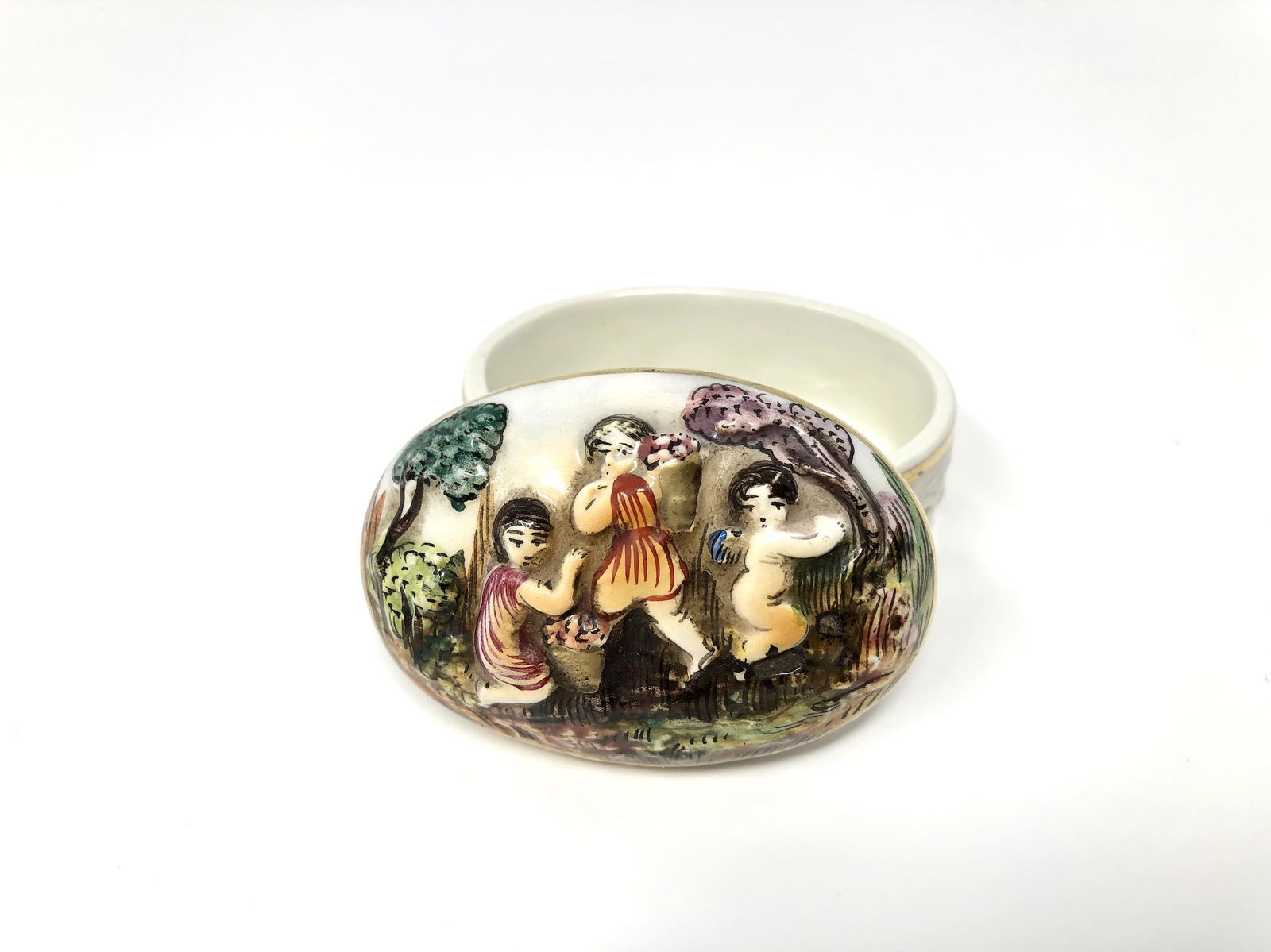 Capodimonte Painted Porcelain Dresser Trinket Box: Capodimonte Painted Porcelain Dresser Trinket Box. Painted Gilt Details. Approx. 1 1/2 -inches Tall by 1 3/4 by 2 1/2 -inches In Dimension. In beautiful as-is, as-shown collector condition. Please not
