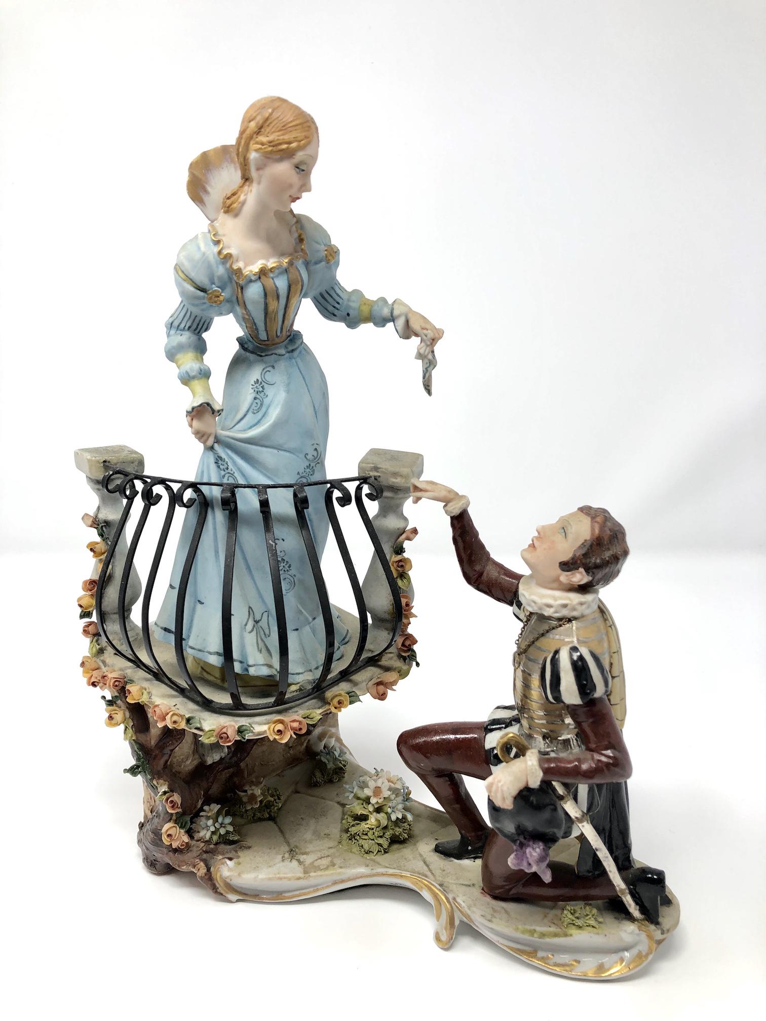 Capodimonte Romeo and Juliet Bisque Porcelain Figurine: Capodimonte Romeo and Juliet Bisque Porcelain Figurine. Signed, Marked. Approx. 11 1/2-inches Tall by 4 by 8 1/2-inches at the Base. In beautiful as-is, as-shown collector condition. Please note all p