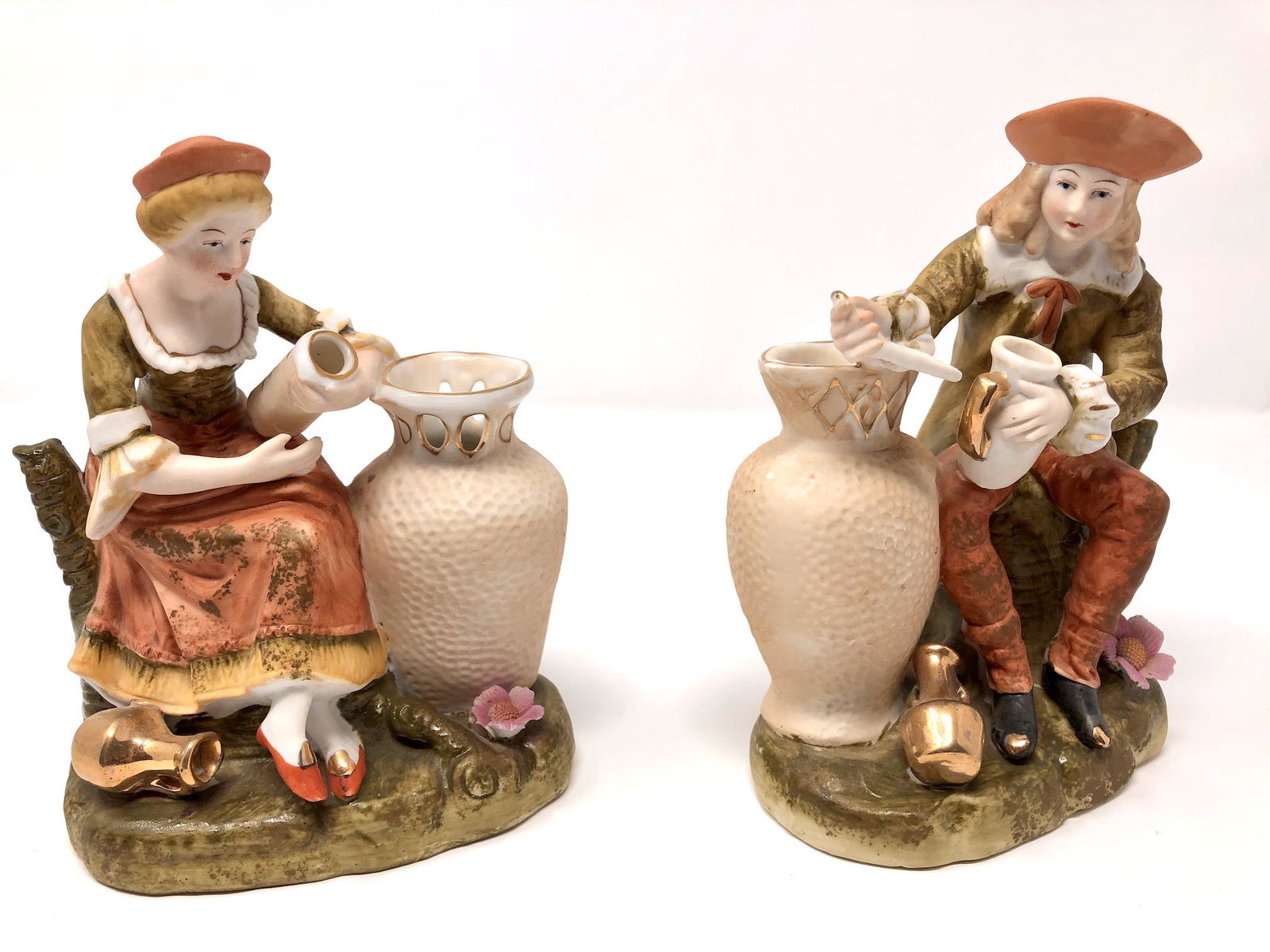 Bisque Porcelain Figural Spill Vase Pair Set of Two: Bisque Porcelain Figural Spill Vase Pair Set of Two. Each Approx. 6 -inches Tall by 2 1/2 by 4 1/4-inches at the Base. In beautiful as-is, as-shown collector condition. Please note all photographs and