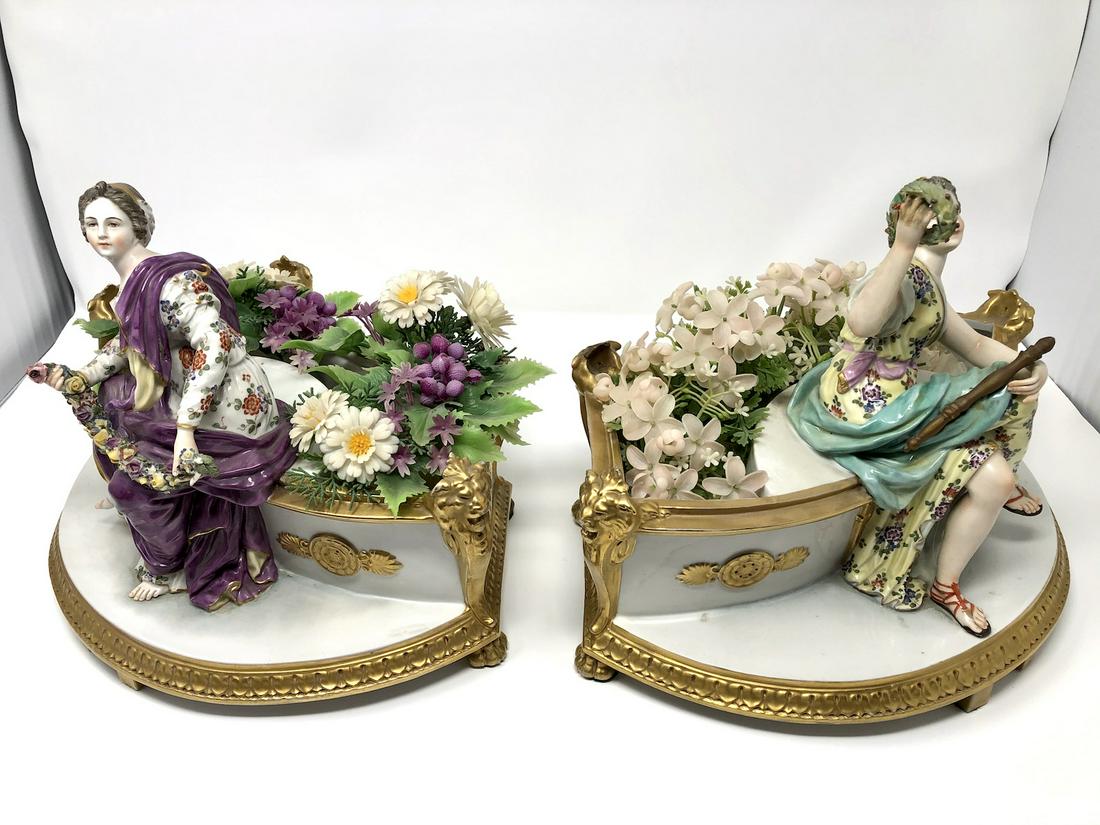Dresden After Meissen Figural Jardinere Centerpiece Set: Dresden After Meissen Figural Gilt Jardinere Planter Centerpiece Set of 2. Marked, Stamped, Signed. Each Approx. 9 by 13 -inches at the Base, 9-inches Tall. Minor signs of age, wear, damage as-shown. 