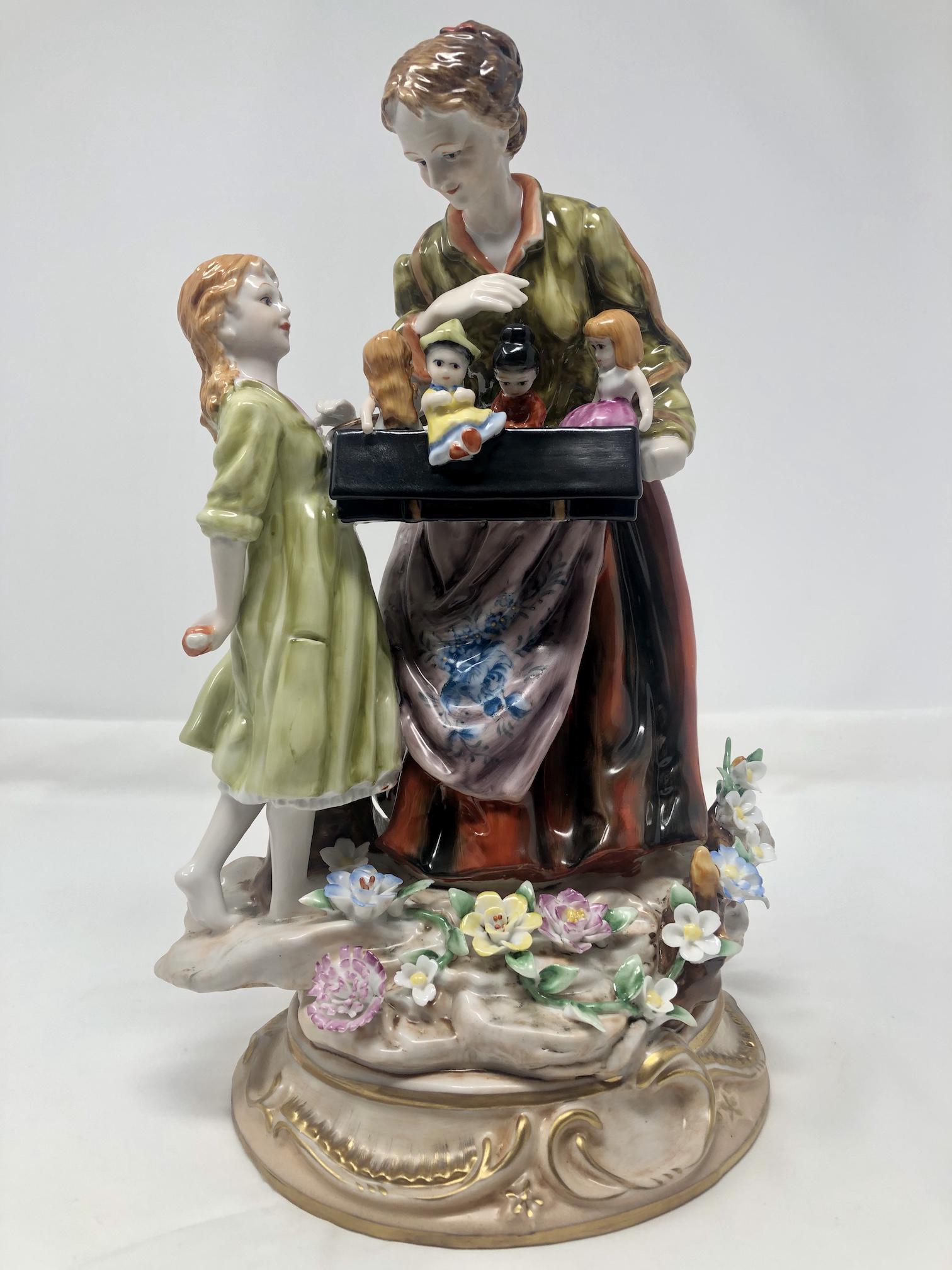 Richard Klemm Large Dresden Germany Porcelain Figure: Richard Klemm Dresden Germany Porcelain Figure Group. Woman selling dolls or puppets. In beautiful collector condition, as-is, as-shown. Approx. 9-inches Wide by 11 inches Tall.