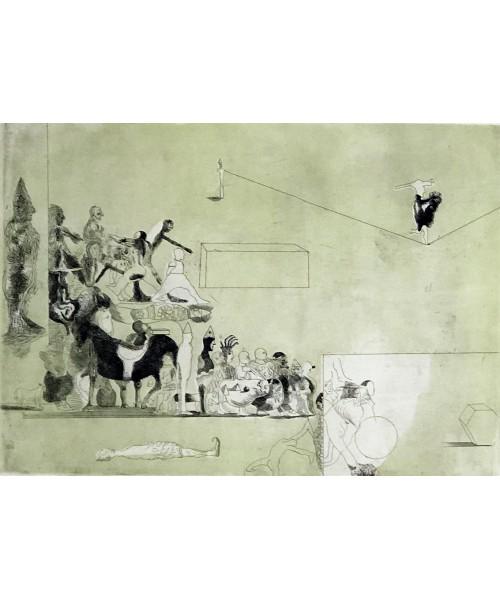 Jorge Castillo - Circo.: Grabado numerado, fechado y firmado por el autor a lápiz. Editor Sala Gaspar, Barcelona 1967. Aguatinta, aguafuerte a dos colores sobre papel de la casa Gvarro. Obra Catalogada. Edición de 7