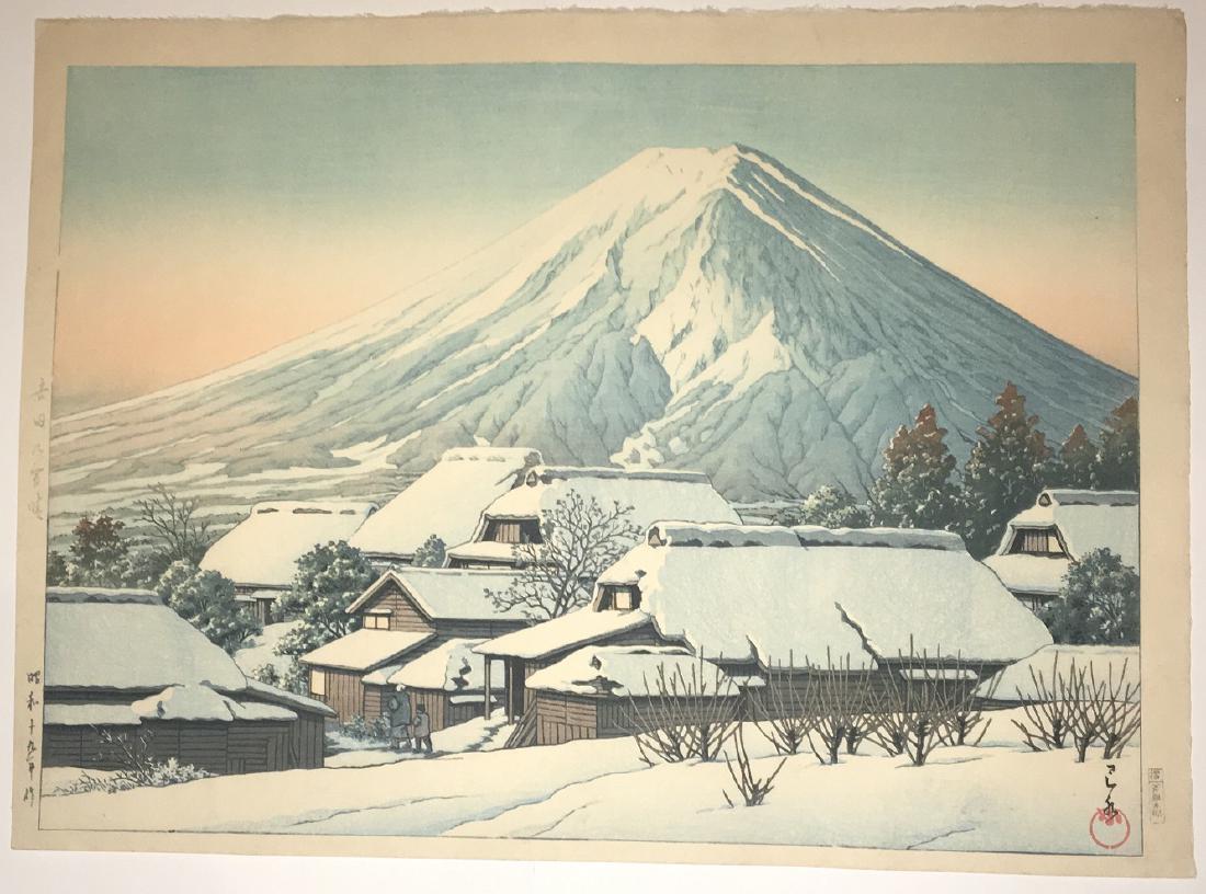 Original Japanese Woodblock Print by Kawase Hasui: Original Japanese Woodblock print. Artist: Kawase Hasui. Subject: After Snow at Yoshida. Date: 1944. Publisher: Watanabe. Size: Dai-oban design measures: 14.5" x 20". Condition: Excellent color, impre