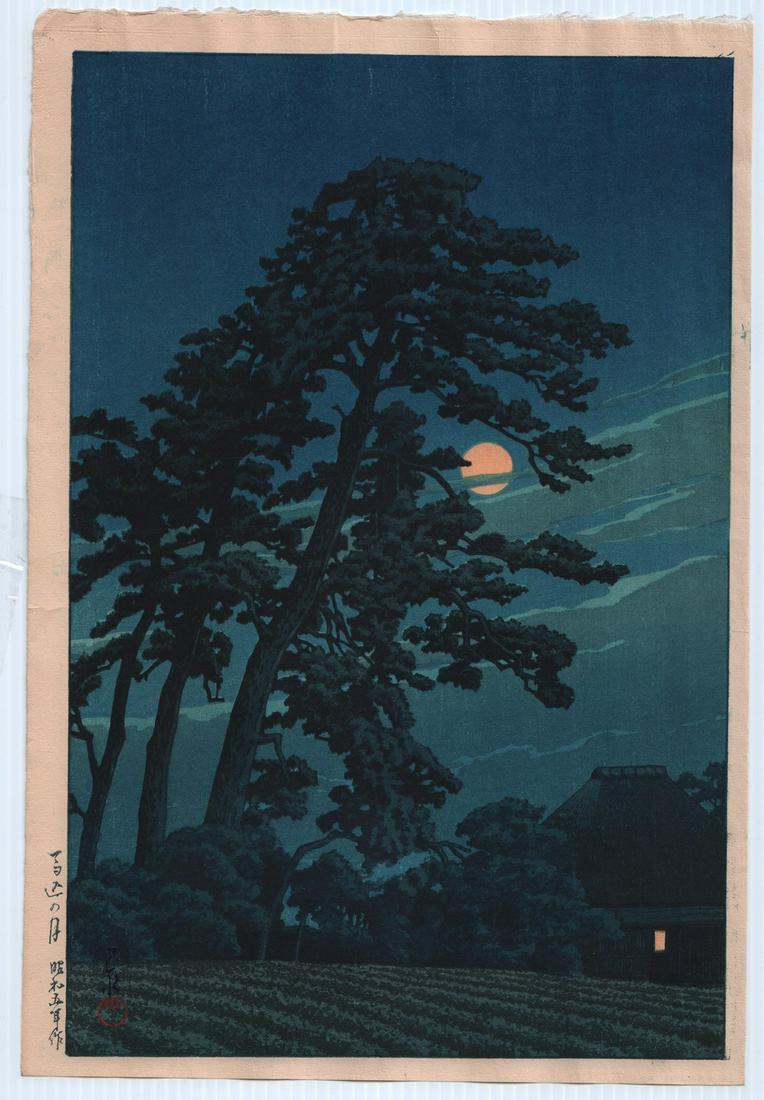Hasui woodblock: Moon at Magome, Watanabe, 1930: Japanese woodblock print. Artist: Kawase Hasui. Subject: Moon at Magome (Magome no tsuki), from the series Twenty Views of Tokyo (Tôkyô nijûkei ) Date: 1930. Publisher: Watanabe (no seal – not un