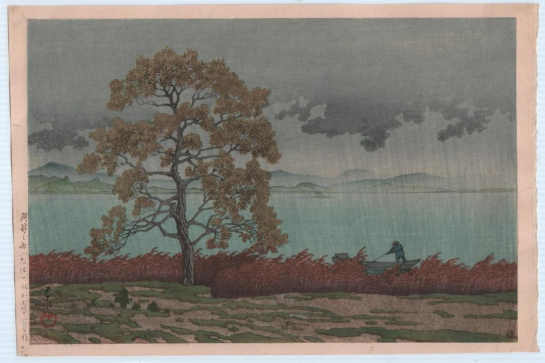 Hasui wdoodblock: Lakeside Shower, Matsue, 1930: Japanese woodblock print. Artist: Kawase Hasui. Subject: Lakeside Shower at Matsue (Kohan no ame [Matsue}). Date: 1930. Publisher: Watanabe – 6mm round seal, lifetime impression (stamped “Occupied