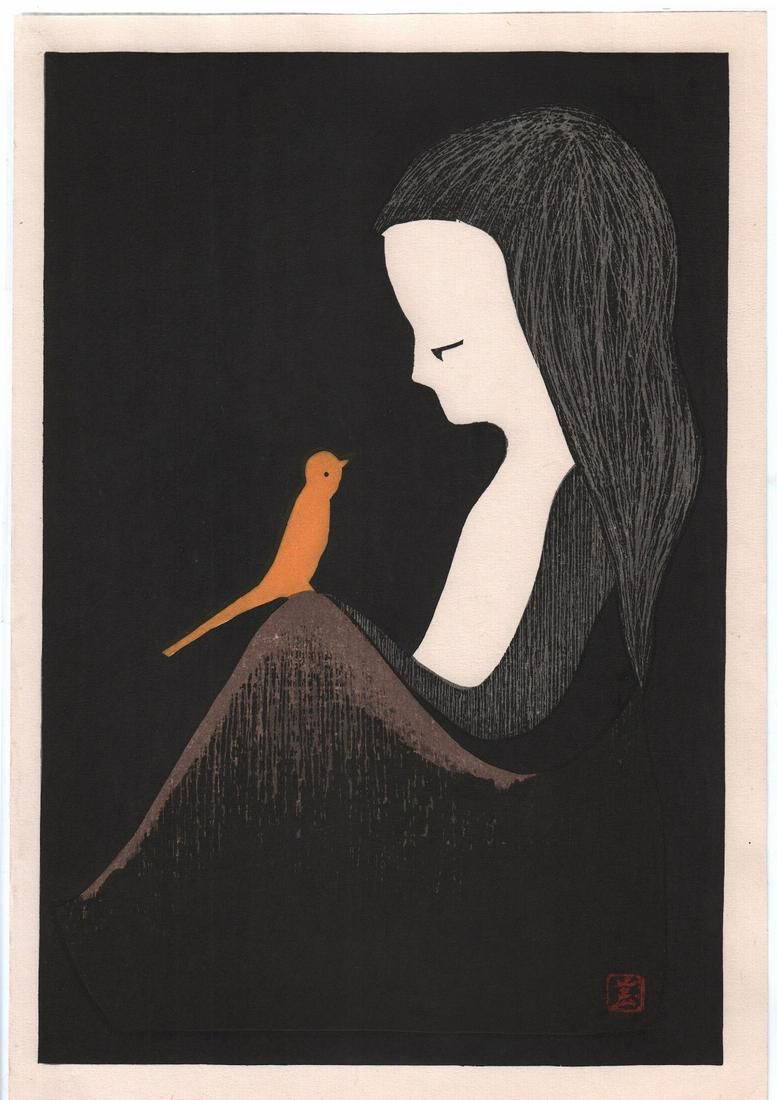 Kawano Kaoru: Girl and Yellow Bird woodblock c1950 (1 of 3)