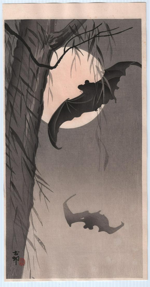Ohara Koson woodblock: Bats & Full Moon, c.1910's (1 of 2)