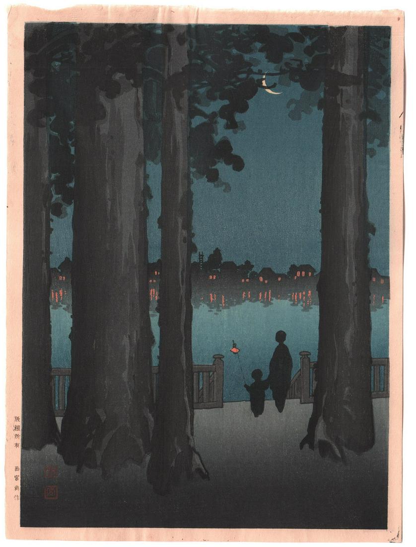 Koho Shoda - Ueno Park at Night c1930 MULLER woodblock: Japanese Woodblock print. ARTIST: Koho Shoda SUBJECT: Ueno Park at Night, "Night Scenes" series (21 designs). DATE: c1920-1930's, original print. PUBLISHER: Hasegawa/Nishinomiya Publisher (Tokyo), ori