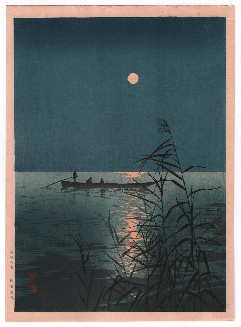 Koho Shoda - Moonlit Sea and Reeds c1930 MULLER Estate: Japanese Woodblock print. ARTIST: Koho Shoda SUBJECT: Moonlit Sea and Reeds, "Night Scenes" series (21 designs). DATE: c1920-30's, original print. PUBLISHER: Hasegawa/Nishinomiya Publisher (Tokyo), or