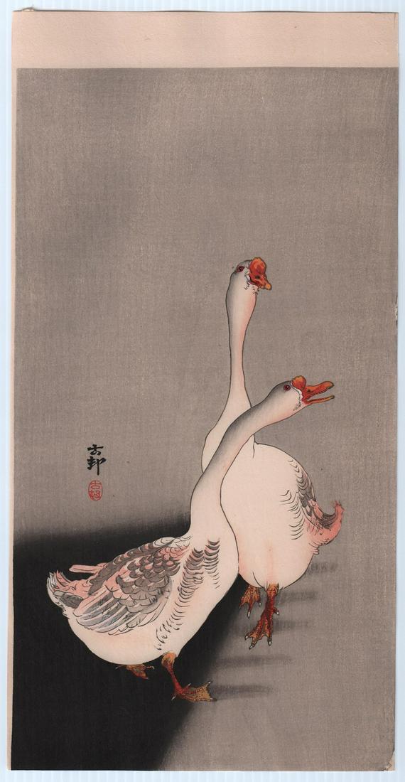Ohara Koson woodblock: Geese, 1910: Japanese woodblock print. Artist: Ohara Koson. Subject: Geese. Date: c.1910's. Size: Measures 7.5" x 14.5". Condition: Fine color, impression, condition. Faint mounting residue on top verso corners.