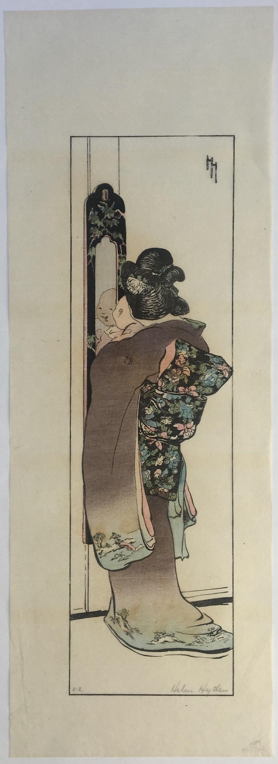 Helen Hyde Woodblock Print: The Mirror, 1904: Japanese woodblock print Artist: Helen Hyde. Subject: The Mirror. Date: 1904. Size: Measures 6.75” x19”. Condition: Excellent color & impression. Minor toning. Please see images. NOTE: Pr