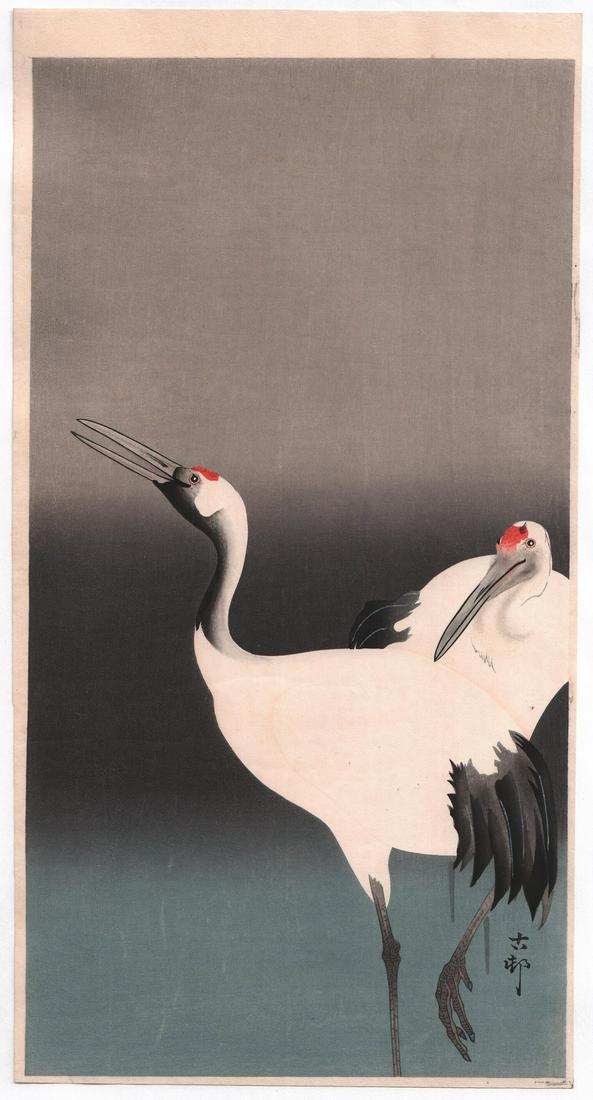 Ohara Koson Woodblock Print: Two Cranes, c.1910â€™s: Japanese woodblock print Artist: Ohara Koson. Subject: Two Cranes Date: 1910â€™s. Size: O-tanzaku design measures 7.5" x 14.25". Condition: Fine color, impression, condition.