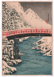 Shotei Takahashi - Sacred Bridge, Nikko c1930 woodblock: Japanese Woodblock print. Artist: Shotei Takahashi Subject: Sacred Bridge, Nikko. Date: c1930. Robert Muller Estate source. Publisher: Watanabe (original/vintage pre-War printing). Size: 7 x 10 inches