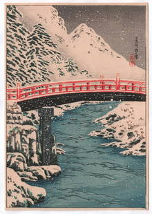 Shotei Takahashi - Sacred Bridge, Nikko c1930 woodblock: Japanese Woodblock print. Artist: Shotei Takahashi Subject: Sacred Bridge, Nikko. Date: c1930. Robert Muller Estate source. Publisher: Watanabe (original/vintage pre-War printing). Size: 7 x 10