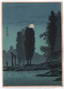 Shotei Takahashi - Moonrise Tsukagoshi c1930 Muller Est: Japanese Woodblock print. Artist: Shotei Takahashi Subject: Moonrise Tsukagoshi. Date: c1930. Robert Muller Estate source. Publisher: Watanabe (original/vintage pre-War printing). Size: 7 x 10 inches.