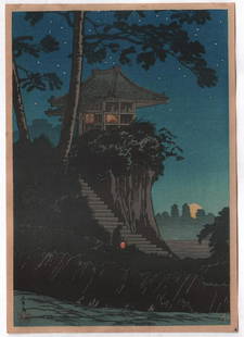 Shotei Takahashi - Moonrise at Tokumochi 1930 Muller: Japanese Woodblock print. Artist: Shotei Takahashi Subject: Moonrise at Tokumochi. Date: c1930. Robert Muller Estate source. Publisher: Watanabe (original/vintage pre-War printing). Size: 7 x 10 inche