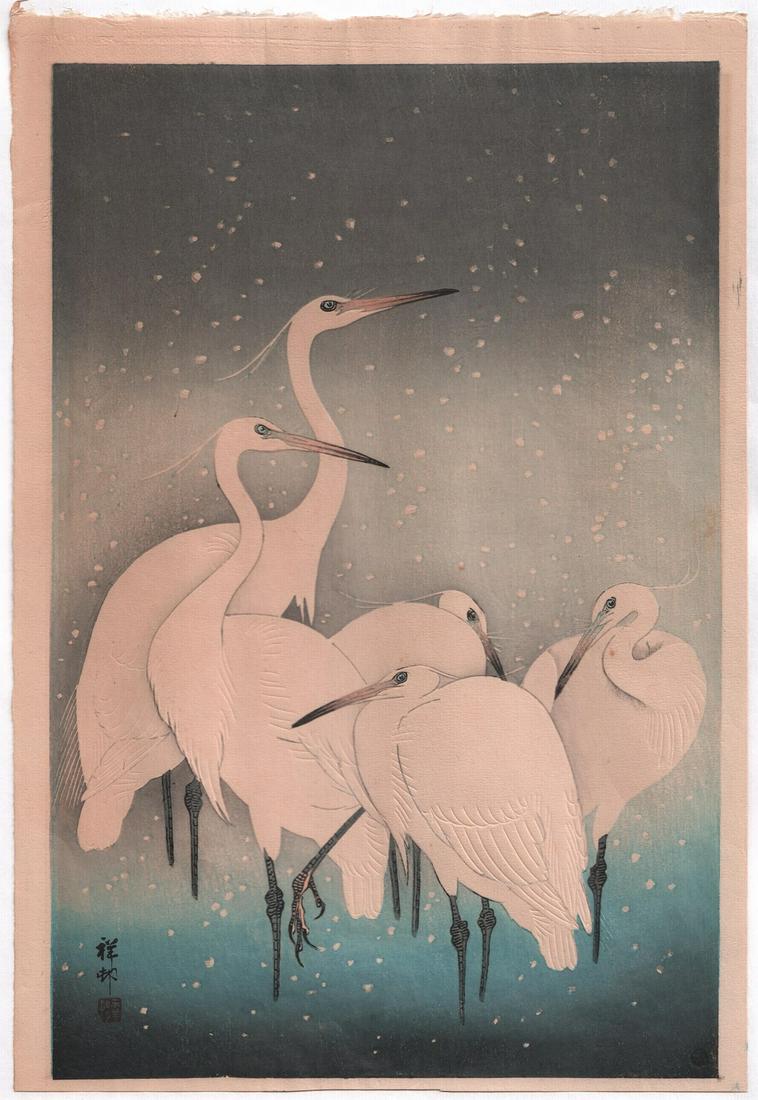 Ohara Koson woodblock: Herons in Snow, 1927: Japanese Woodblock print. Artist: Ohara Koson (signed Shoson). Subject: Five Herons standing in Water in Snow. Date: 1927. Publisher: Watanabe - bears 6mm round publisher seal - 1940's-50's impression