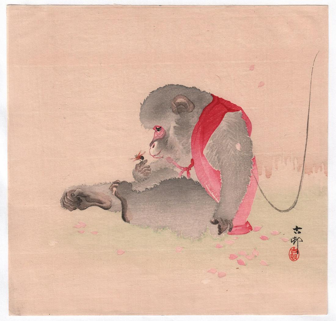 Ohara Koson Woodblock: Monkey and Wasp, c.1910's: Japanese Woodblock Print. Artist: Ohara Koson. Subject: Monkey & Wasp. Date: c.1910's. Publisher: Daikokuya. Size: Measures 9.5" x 9.75". Condition: Excellent color, impression, conditi