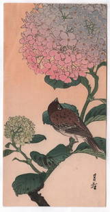 Yoshimoto Gesso - Bird and Hydrangea woodblock c1920-30: Japanese Woodblock print. Artist: Koho Shoda Subject: Bird and Hydrangea. Date: c1920-30's, Robert Muller Estate source. Publisher: Hasegawa/Nishinomiya (original/vintage pre-War printing). Size: 4.75