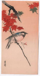 Yoshimoto Gesso - Bird on Red Maple woodblock c1920-30: Japanese Woodblock print. Artist: Koho Shoda Subject: Bird on Red Maple. Date: c1920-30's, Robert Muller Estate source. Publisher: Hasegawa/Nishinomiya (original/vintage pre-War printing). Size: