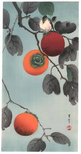 Watanabe Seitei - Nuthatcher and Persimmon c1930 Muller: Japanese Woodblock print. Artist: Watanabe Seitei Subject: Nuthatcher and Persimmon. Date: c1930, Robert Muller Estate source. Publisher: Shima Art Company. Size: 7.75 x 15 inches. Condition: Fine col