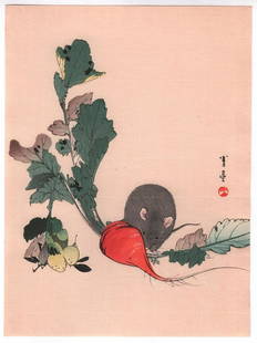 Watanabe Seitei - Mouse and Turnip c1930 Muller Estate: Japanese Woodblock print. Artist: Watanabe Seitei Subject: Mouse and Turnip. Date: c1930, Robert Muller Estate source. Publisher: Shima Art Company. Size: 7.5 x 10 inches. Condition: Fine