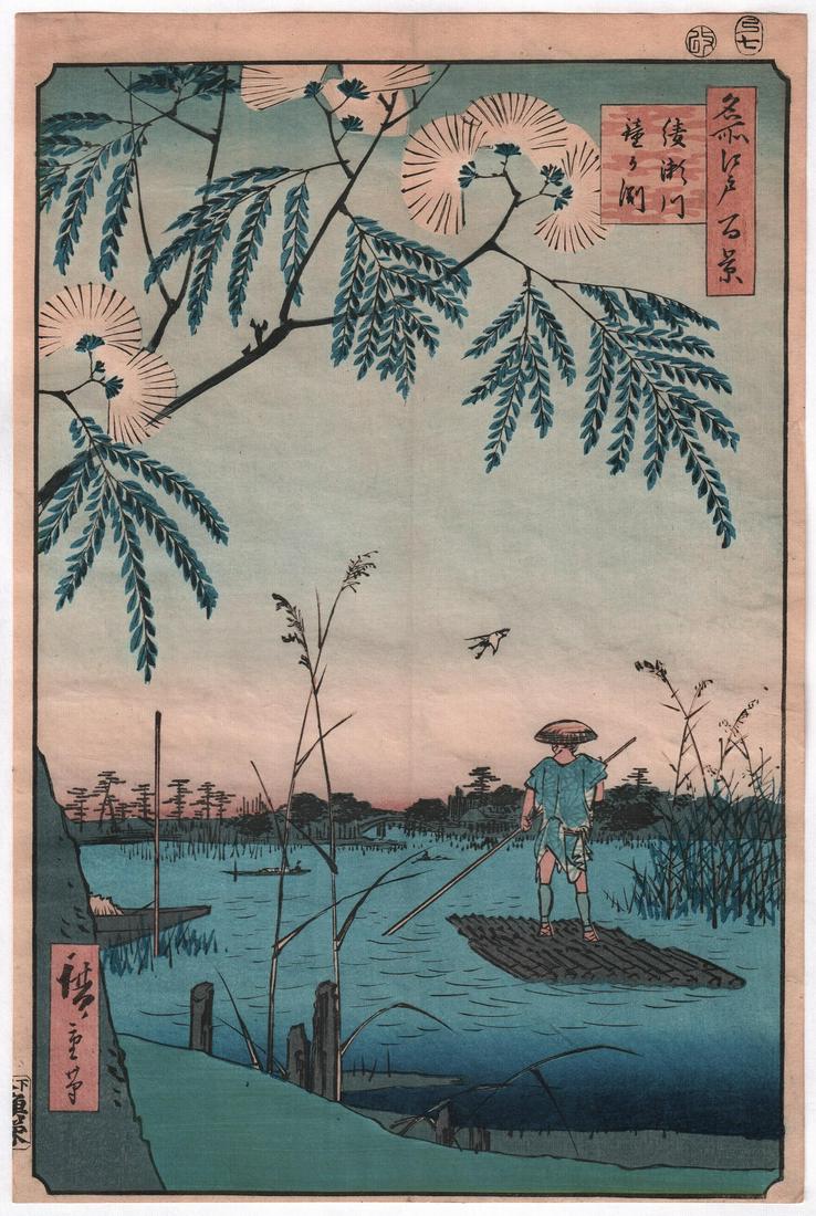 Ando Hiroshige Woodblock: Ayase River, 100 views, 1857: Japanese Woodblock Print. Artist: Ando Hiroshige. Subject: Ayase River and Kanegafuchi (Ayasegawa Kanegafuchi), from the series One Hundred Famous Views of Edo (Meisho Edo hyakkei). Date: 1857. Size: 