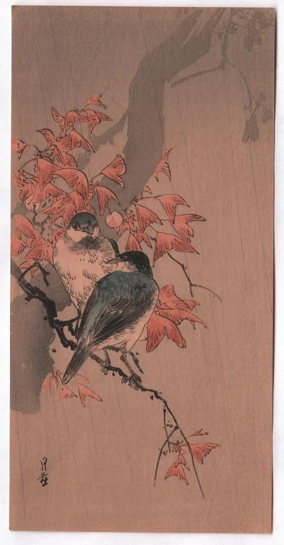 Yoshimoto Gesso - Blue Birds, Ginko Tree c1920 NR (1 of 2)