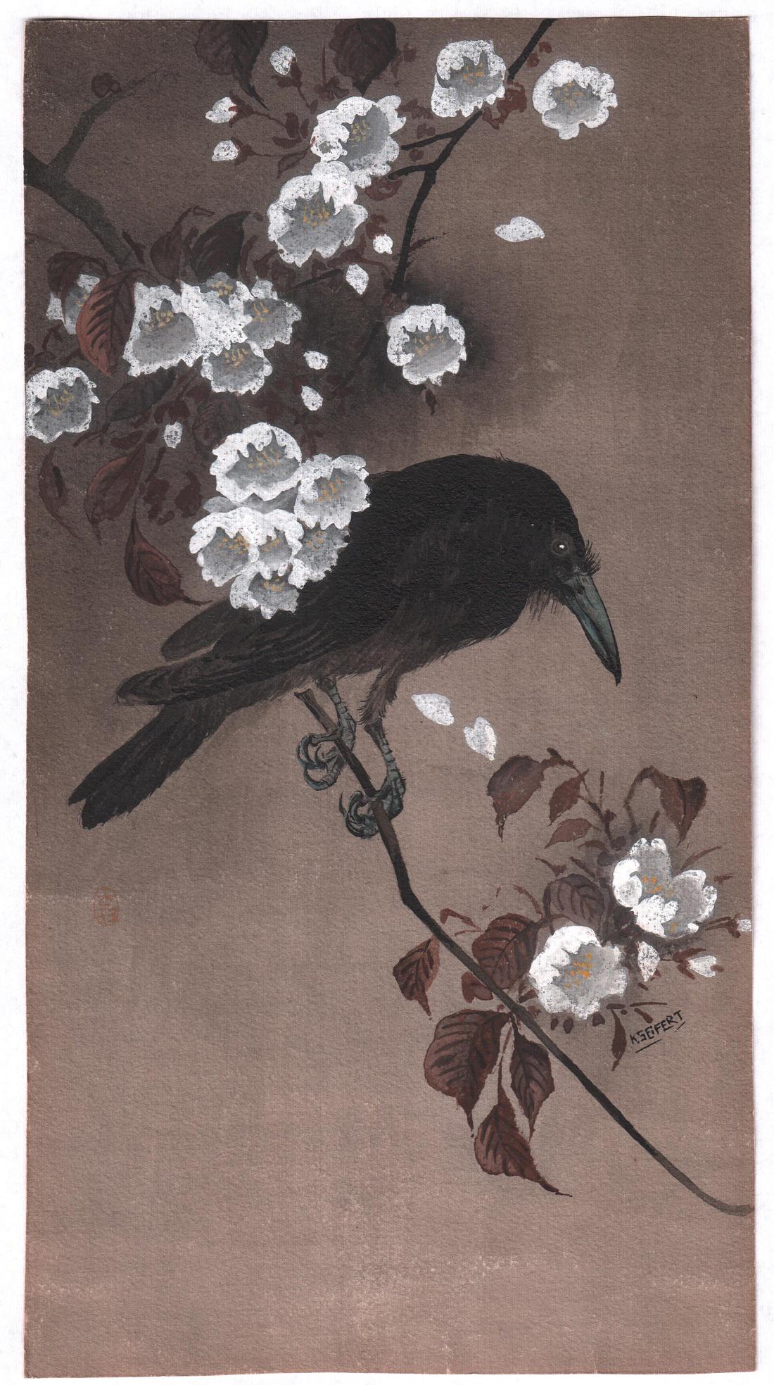 After Ohara Koson Painting: Crow, Cherry Blossom, mid: Japanese watercolor painting. Artist: After Ohara Koson - Signed Kseifert. Subject: A painting (on paper) depicting the well known Koson design: Crow on blossoming branch. Date: c. Mid 20th century. S