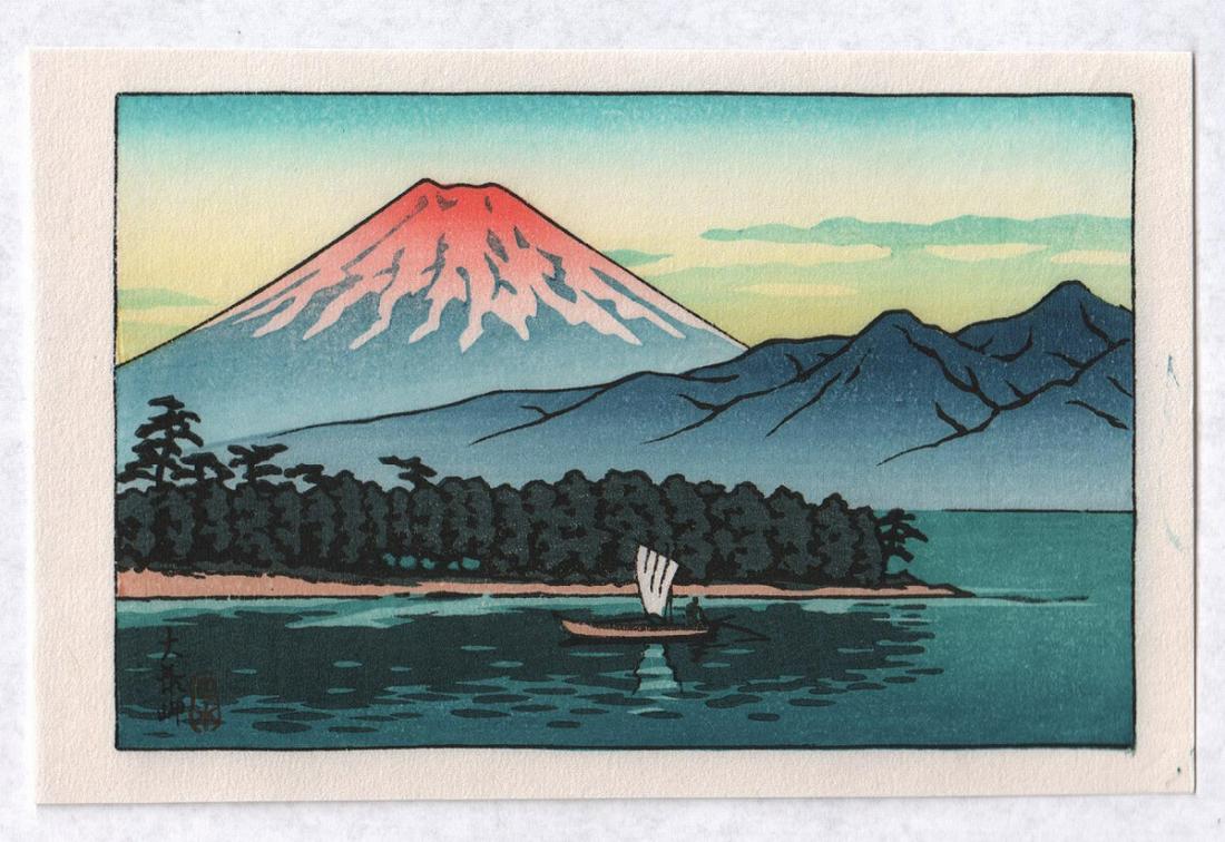 Hasui Kawase - Mt Fuji from Osezaki woodblock c1930: Japanese woodblock print. ARTIST: Hasui Kawase SUBJECT: Mt Fuji seen from Osezaki DATE: c1930, this a Heisei-era edition printing (1989-present). PUBLISHER: Watanabe Publisher SIZE IN INCHES: 6 x 4 CO