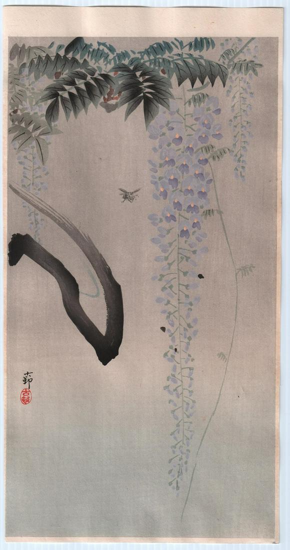 Ohara Koson Woodblock: Bee and Wisteria, c1910s: Japanese woodblock print. Artist: Ohara Koson. Subject: Bee and Wisteria. Date: c1910s. Size: Measures 7.5" x 14.5". Condition: Fine color, impression, condition. Please see images.