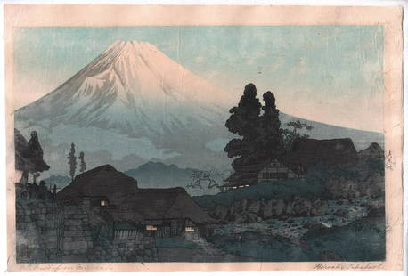 Takahashi Shotei Woodblock: Mount Fuji, 1936 NR: Japanese Woodblock Print. Artist: Takahashi Shotei (Hiroaki). Subject: Mt. Fuji Seen from Mizukubo. Date: 1936. Publisher: Watanabe (no seal on this impression). Size: Oban design measures 10.5&rdquo;