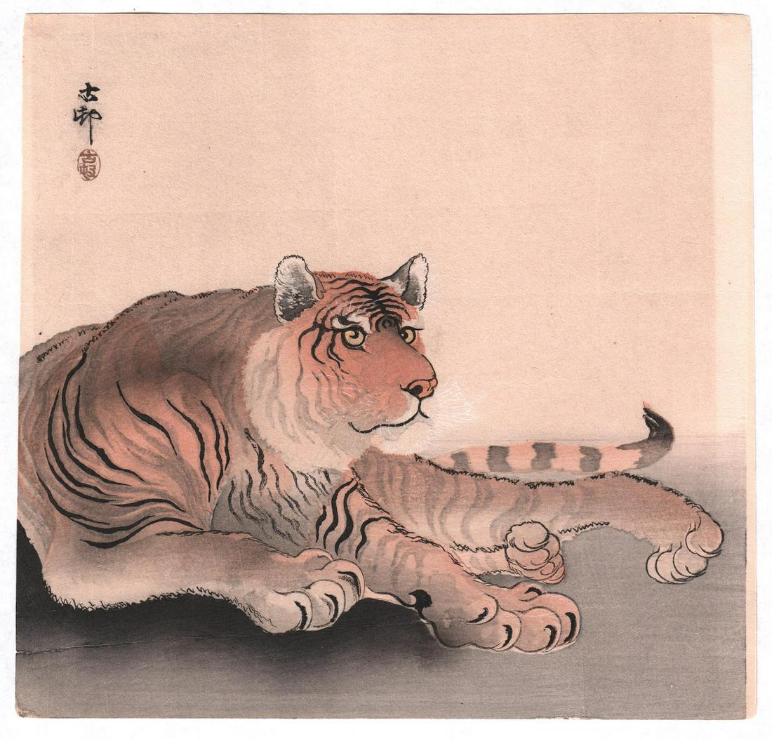 Koson Ohara - Reclining Tiger c1910 woodblock RARE: Japanese woodblock print. ARTIST: Koson Ohara SUBJECT: Reclining Tiger DATE: c1910/23 PUBLISHER: Diakokuya Publisher (Tokyo, 1818-1923) SIZE IN INCHES: 9.75 x 9.25 CONDITION: Excellent color and impre