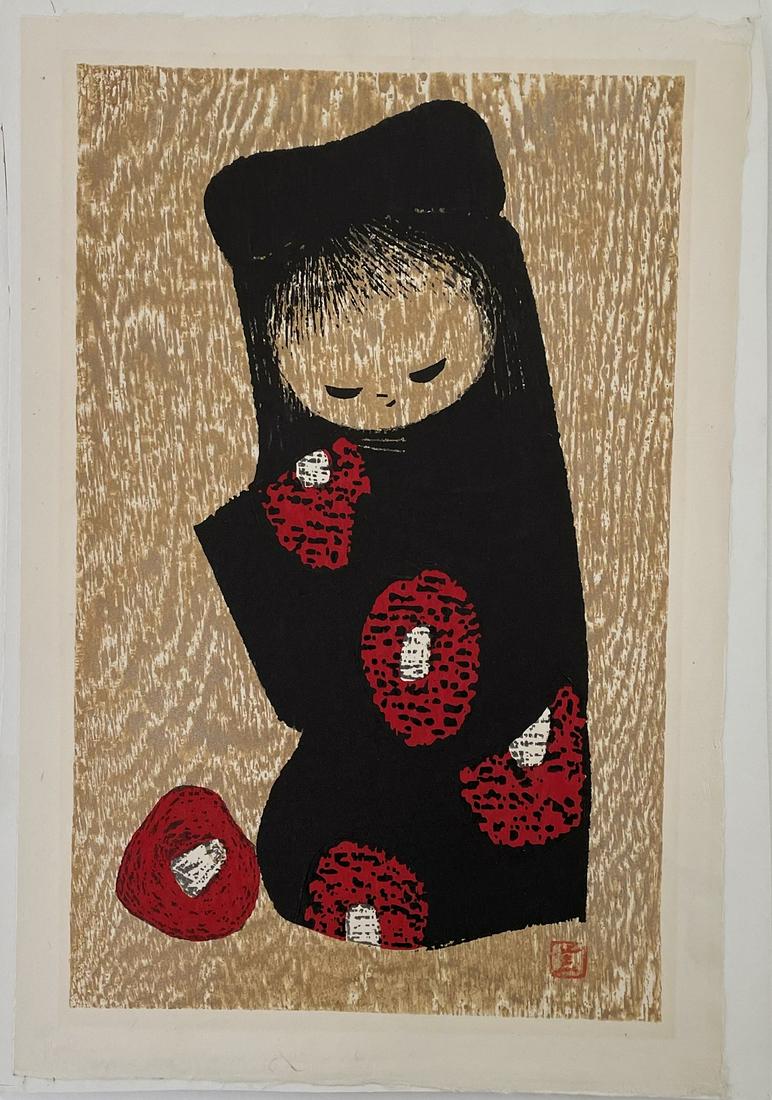 Kawano Kaoru - Girl and Red Camellia c1950 woodblock NR: Japanese woodblock print. ARTIST: Kawano Kaoru SUBJECT: Girl and Red Camellia DATE: c1950's (1960s/70s printing). PUBLISHER: Kawano Studio. SIZE IN INCHES: 11 x 16.75 CONDITION: Excellent colors and i