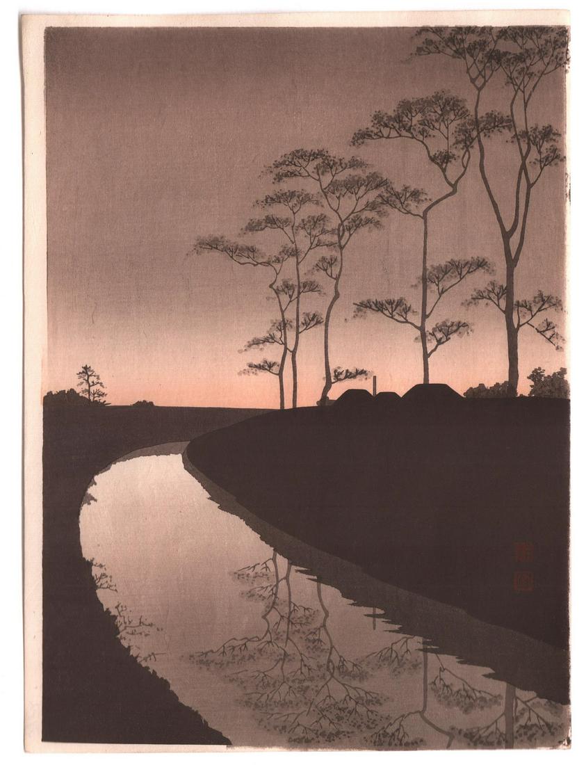 Koho Woodblock: Night Series: Canal/Moon (sepia) 1930s (1 of 2)