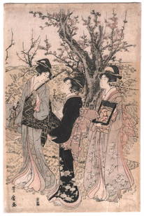 Utagawa Toyohiro Woodblock: Women Flying Kites c1790: Japanese woodblock print. Artist: Utagawa Toyohiro. Subject: Women & children flying kites on windy day. Date: c.1790. Size: Oban design measures: 10" x 15.25". Condition: Some fading to color, very g