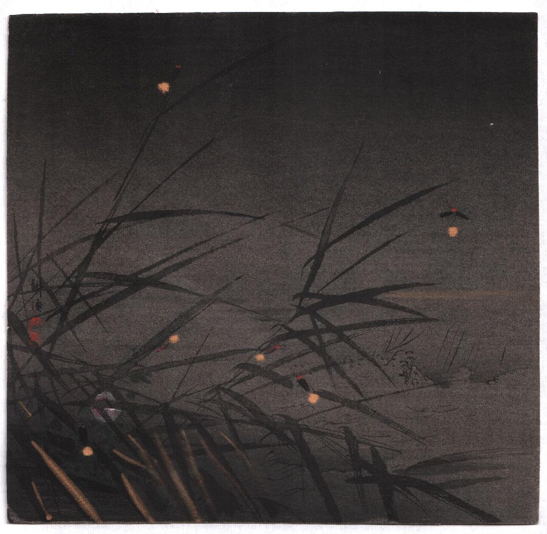 Tsukioka Kogyo woodblock: Fireflies, c1900s: Japanese woodblock print. Artist: Tsukioka Kogyo. Subject: Fireflies. Date: c1900-10. Size: Measures: 9.5" x 9.75". Condition: Excellent color, impression, condition. One pin-sized hole (mostly notice