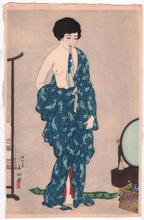 Natori Shunsen Woodblock: After a Bath, 1928: Japanese Woodblock Print. Artist: Natori Shunsen. Subject: After a Bath (Shunsen bijin sanshi: Yokugo) from the series, Three Beauties. Date: 1928. Size: Oban design measures 10.5&rdquo; x 16.5". Cond