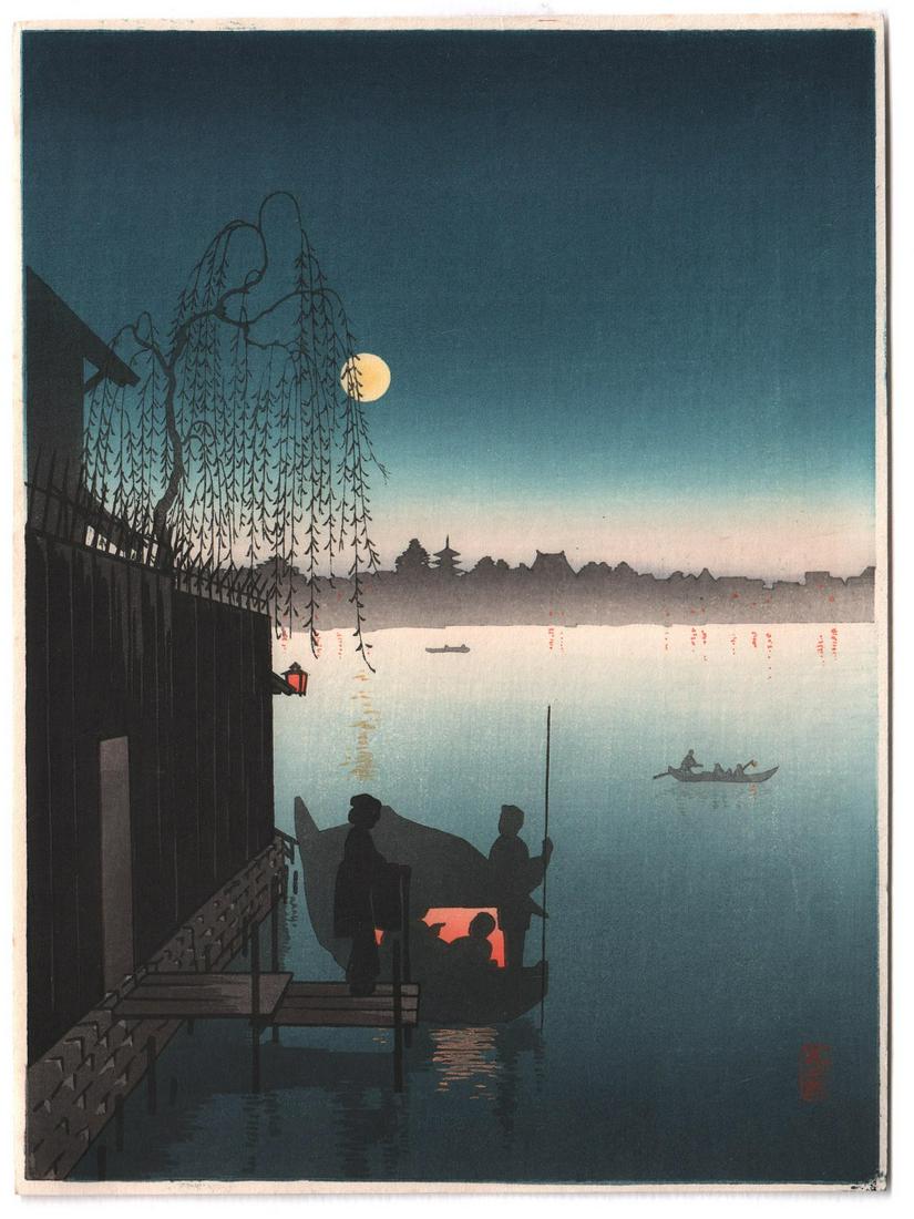 Kobayashi Eijiro Woodblock: Evening Cool, Sumida  1930s (1 of 2)