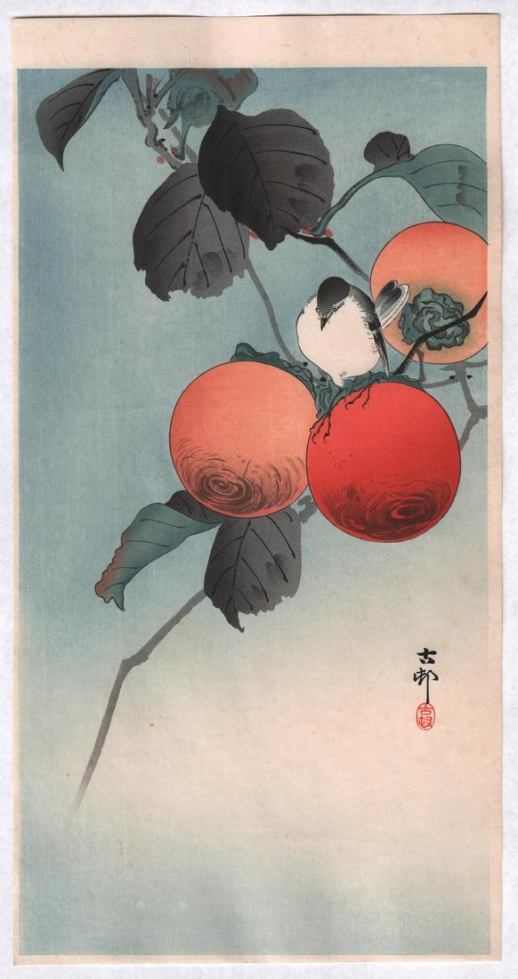 Ohara Koson woodblock: Nuthatcher, Persimmon 1910s (1 of 2)