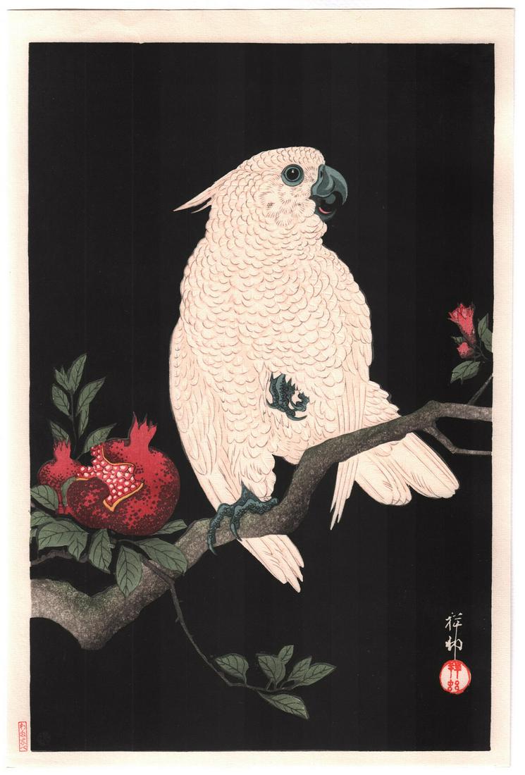 Koson Ohara - Cockatoo and Pomegranate 1927 woodblock: Japanese woodblock print ARTIST: Koson Ohara SUBJECT: Cockatoo and Pomegranate. DATE: 1927, this later Heisei edition printed from the original blocks. PUBLISHER: Watanabe Publisher SIZE IN INCHES: 10
