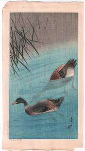 Soseki Komori - Two Ducks 1929 woodblock NR: Japanese Woodblock print. Artist: Soseki Komori Subject: Two Ducks. Date: 1929, Robert Muller Estate source. Publisher: Kawaguchi & Sakai (1929-ca1931). Size: 8.75 x 16 inches. Condition: Fine color a