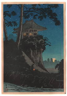 Takahashi Shotei Woodblock: Temple at Night  c1930s: Japanese Woodblock Print. Artist: Takahashi Shotei (Hiroaki). Subject: Temple in the Night, Tokumochi. Publisher: Watanabe. Date: C. 1930s. Size: Chuban design measures 7&rdquo; x 10". Condition: Exce