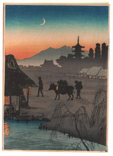 Shotei Woodblock: Farmers, Crescent Moon, c1930s: Japanese Woodblock Print. Artist: Takahashi Shotei (Hiroaki). Subject: Farmers returning home before a crescent moon. Publisher: Watanabe. Date: C. 1930s. Size: Chuban design measures 7” x 10".