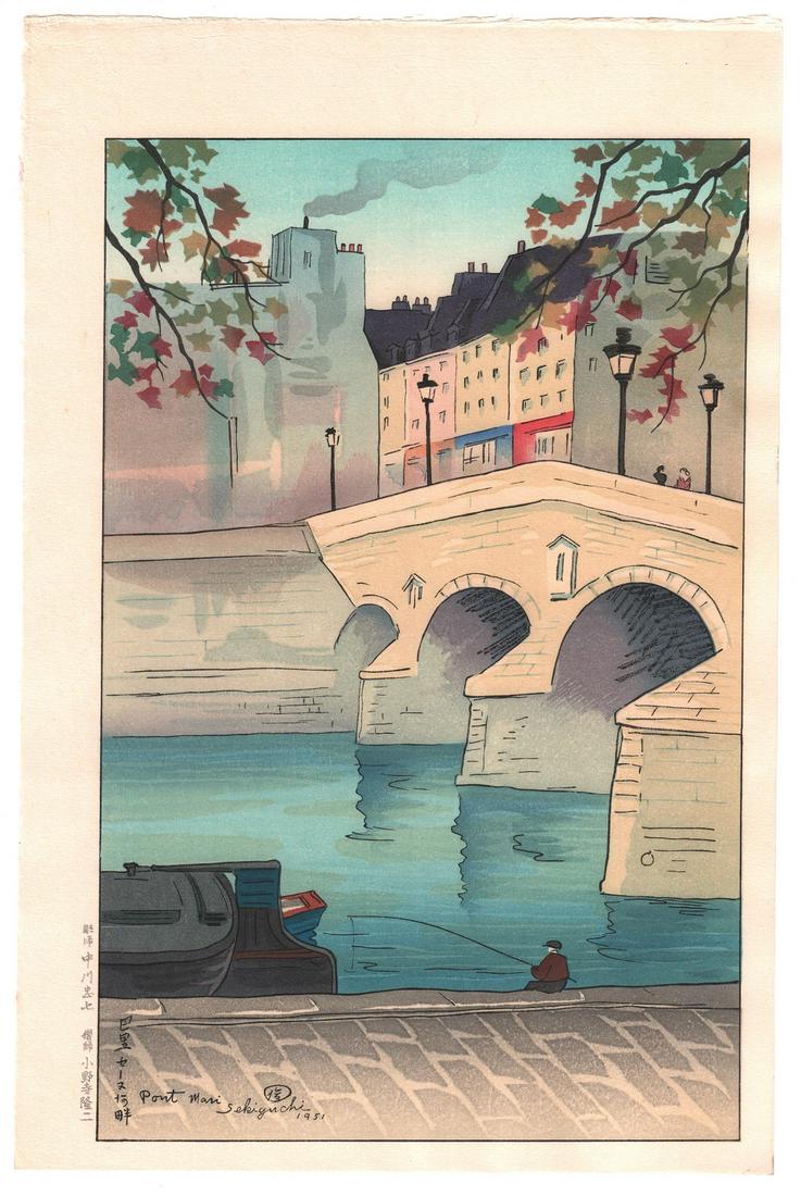 Shungo Sekiguchi - Pont Mari, France 1951 woodblock NR: Japanese Woodblock print. ARTIST: Shungo Sekiguchi SUBJECT: Pont Mari, France DATE: 1951, later edition from original blockset. PUBLISHER: Nippon Hanga Kenkyujo Publisher (Kyoto, active 1946-52) SIZE 